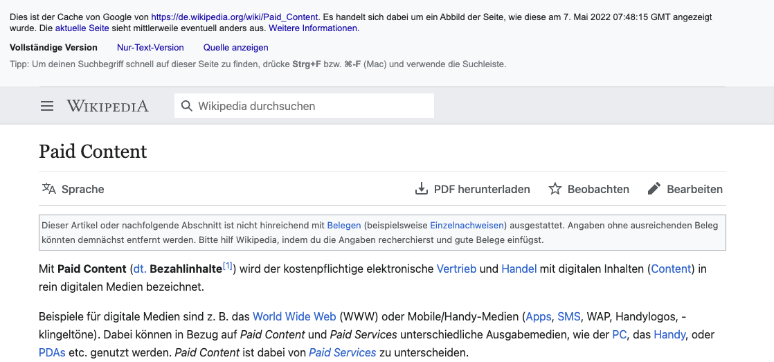 Anzeige des Wikipedia-Artikels "Paid Content" im Google-Cache