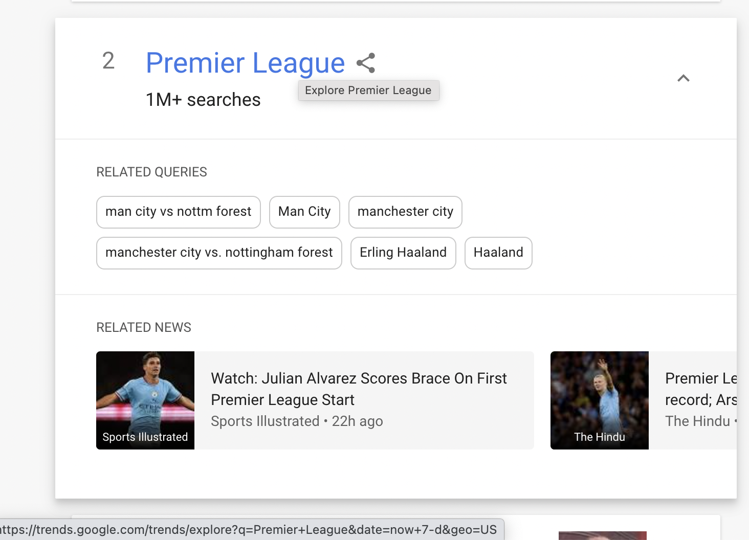 Screenshot Google Trends Hot Topics von Premier League. Unten zu sehen die URL, die auf eine Query- und nicht eine Topic-Suche verlinkt. Verwandte anfragen: Man City, Manchester City, Nottingham Forest und Erling Haaland
