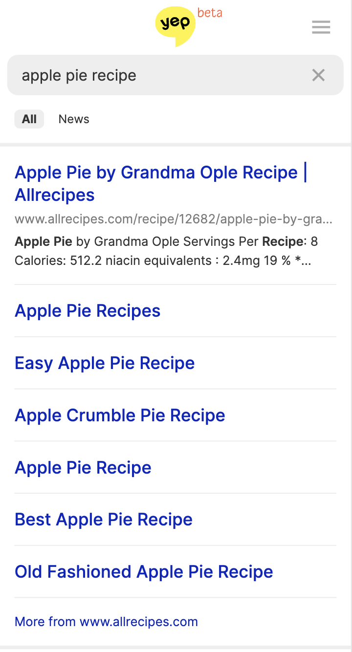 Suchergebnistreffer Nummer 1 für "Apple Pie Recipe" hat 6 Sitelinks