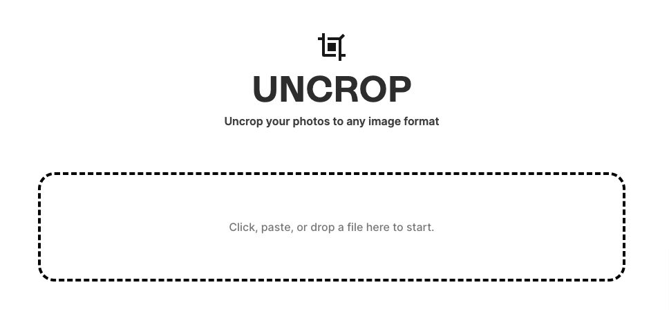 Eingabefeld von Uncrop, in das man per drag and drop Bilder einfügen kann, um sie zu bearbeiten.