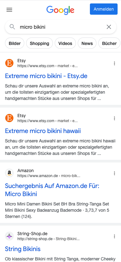 Screenshot der Google Suchergebnisse für Micro Bikini.
Platz 1 und 2 für Etsy, danach Amazon und String-Shop.de