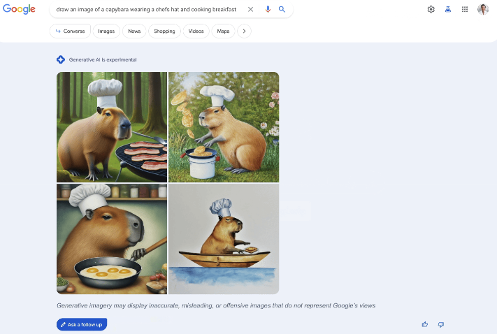 Ein Screenshot aus der SGE, bei das Query "draw an image of a capybara wearing a chefs hat and cooking breakfast" eingegeben wurde. Das Ergebnis hat vier Bilder erstellt, die den Inhalt des Prompts wiedergeben.