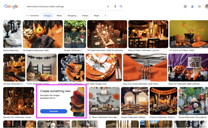Ein Screenshot aus Google Bilder, in dem wie bisher Kacheln für Bildergebnisse dargestellt werden. Eine Kachel fällt auf, da diese eine Überschrift "Create something new" enthält und ein Button dargestellt wird, der Usern ermöglicht, ein Bild basierend auf der Suchanfrage zu generieren.