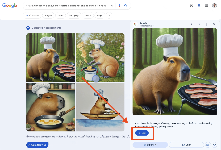 Ein Screenshot aus der SGE, bei das Query "draw an image of a capybara wearing a chefs hat and cooking breakfast" eingegeben wurde. Das Ergebnis hat vier Bilder erstellt, die den Inhalt des Prompts wiedergeben. Ein Bild davon wurde angeklickt und auf der rechten Seiten sind unterschiedliche Optionen zu sehen. Ein Button mit Edit, eine Export-Funktion, eine Copy-Funktion und zwei kleine Buttons mit einem Daumen nach oben und einem Daumen nach unten.