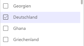 Screenshot des Länder-Filter-Dropdowns aus Microsoft Clarity. In dem Ausschnitt sind in nicht alphabetischer Reihenfolge die Länder "Georgien", "Deutschland", "Ghana" und "Griechenland".