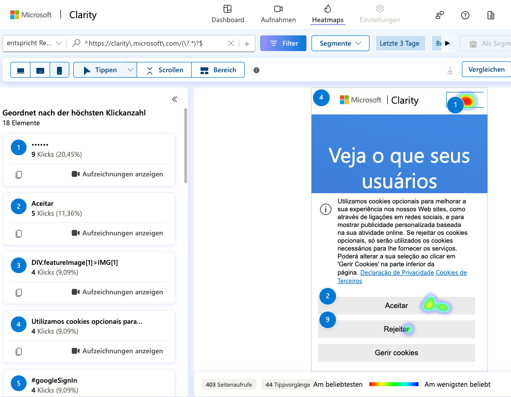 Screenshot aus der Microsoft Clarity Demo property. Zu Sehen ist eine Heatmap der Nutzer Klicks. Die Heatmap zeigt die Benutzung des Cookie Banners durch die Nutzer.