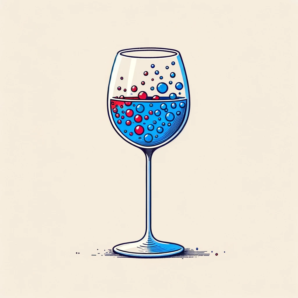 Eine Zeichnung eines Weinglases. Der Inhalt besteht aus blauer und roter Flüssigkeit, sowie Bläßchen, die ebenfalls entweder blau oder rot sind.