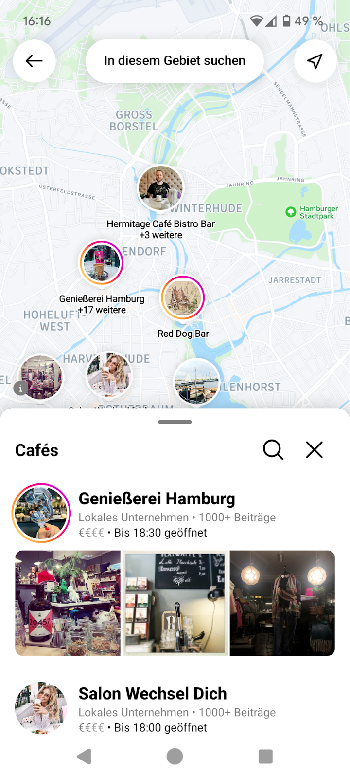 Ein Screenshot aus der Instagram App. Zu sehen ist eine Karteneinbindung von Hamburg und darunter eine Liste mit Cafés. Auf der Karte sind kreisförmige Einblendungen zu sehen, die signalisieren, dass es Stories zu diesen Cafés gibt.