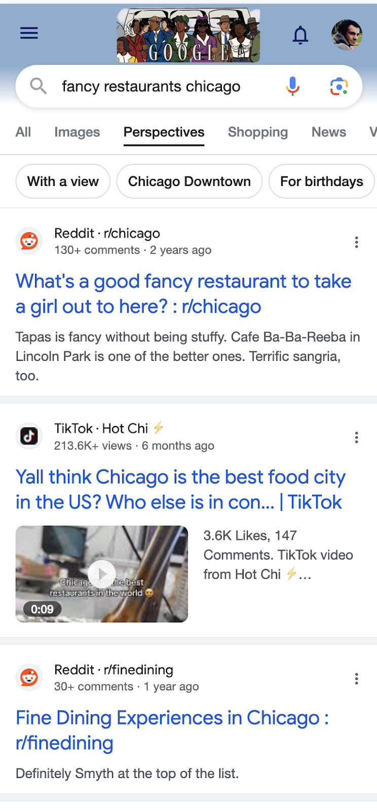 Google Perspectives für die Suchanfrage "fancy restaurants in chicago". Zu sehen sind normale Suchergebnisse für Reddit und TikTok, wobei das Ergebnis für TikTok auch eine Videoeinbindung hat.