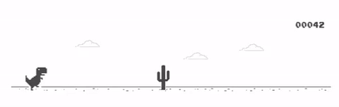 Pixel Art Dino bei verlorener Internetverbindung rennt durch die Wüste und auf einen Kaktus zu. Punktzahl ist 00042.