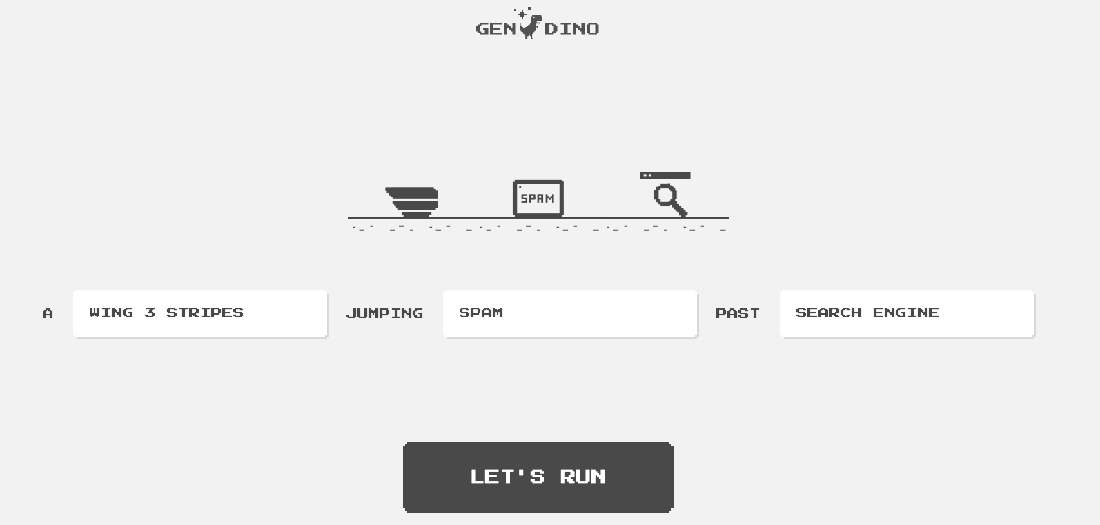 GenDino Spiel mit einem Flügel mit drei Streifen als Figur, Spam zum Überspringen und einer Suchmaschine als Ort des Geschehens.