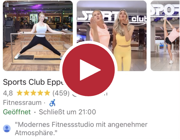 Screenshot aus dem verlinkten Video eines Fitnessstudios. Im Video sind zwei Frauen in Sportoutfits zu sehen, die begrüßende Gestiken zur Kamera machen und dann verschiedene Fitness-Übungen in aufeinander folgenden Sequenzen machen.