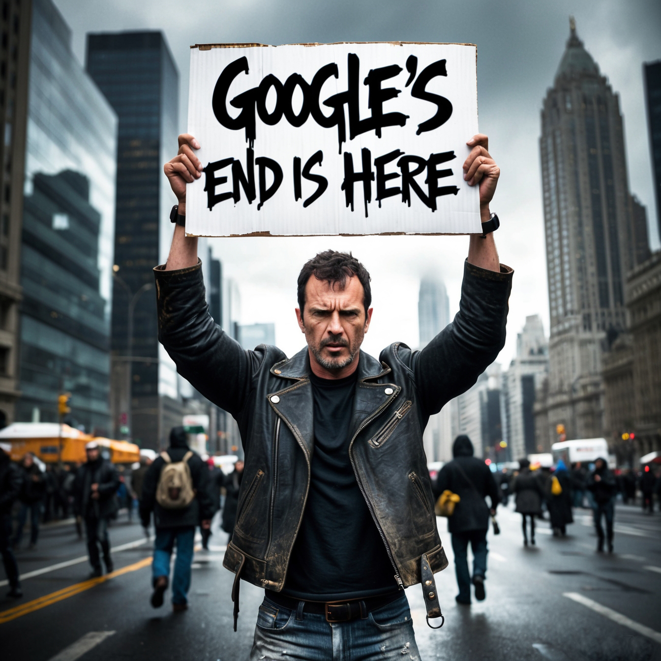 Mann in Lederjacke steht auf der Straße in einer Stadt und hält ein Schild über seinen Kopf mit der Aufschrift "Google's end is here". Es ist ein nebliger Tag und im Hintergrund laufen einige Menschen.