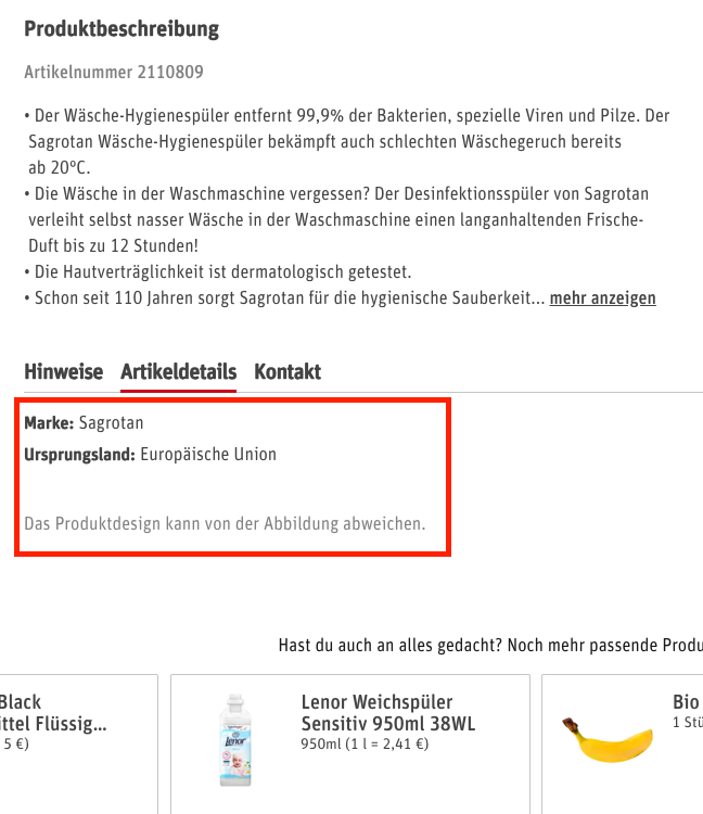 Produktseite von Rewe für Sagrotan Wäsche-Hygienespüler Sensitiv. Hier gibt es unter der Produktbeschreibung 3 Tabs. Der 2. Tab "Artikeldetails" enthält aber nur 3 Zeilen Inhalt (Infos zur Marke, herkunftsland und Hinweis zum Produktdesign).