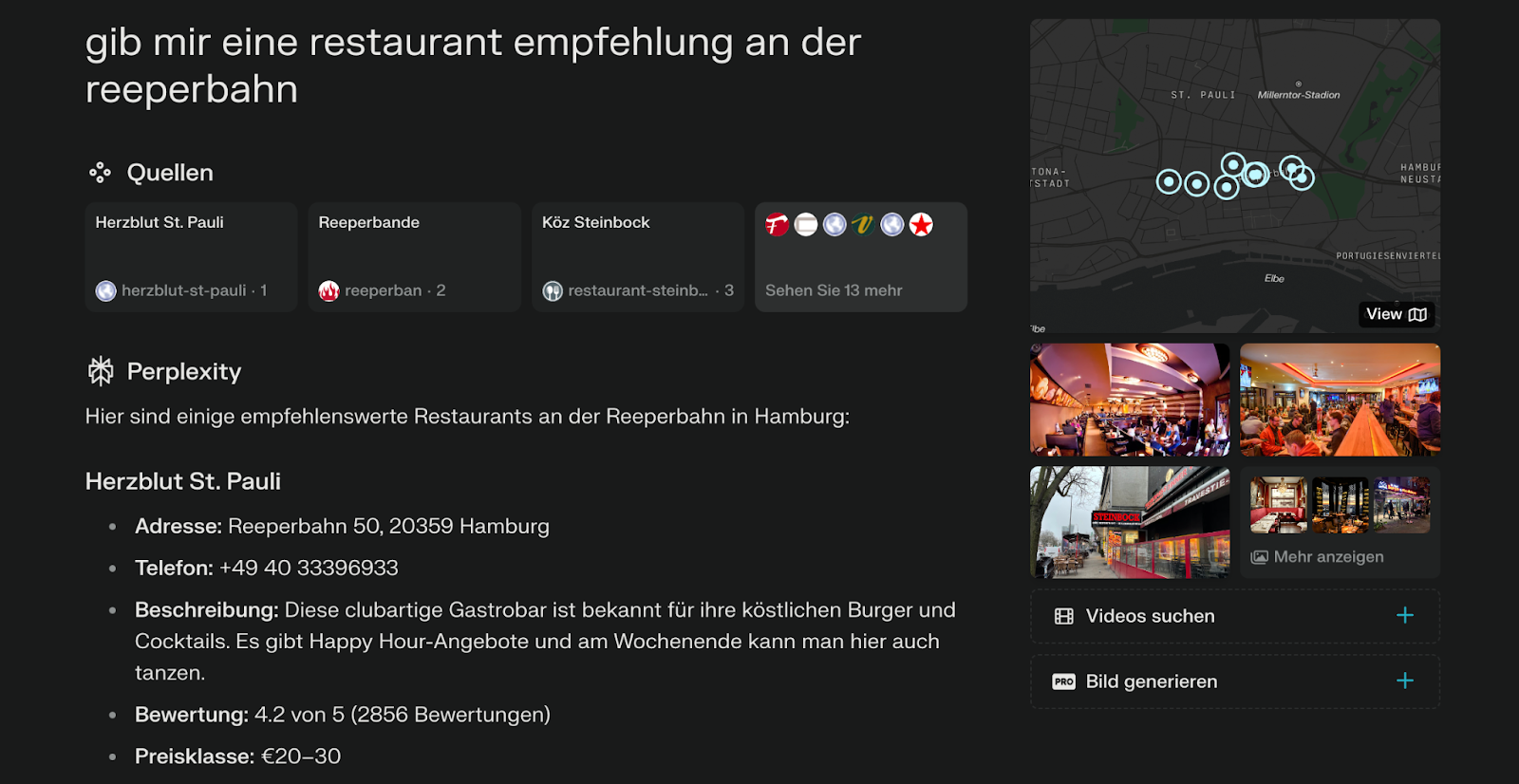 Die Suchanfrage "gib mir eine restaurant empfehlung an der reeperbahn" in perplexity. Als Antwort werden mehrere Ergebnisse genannt und es sind ein paar Bilder an der Seite zu sehen.