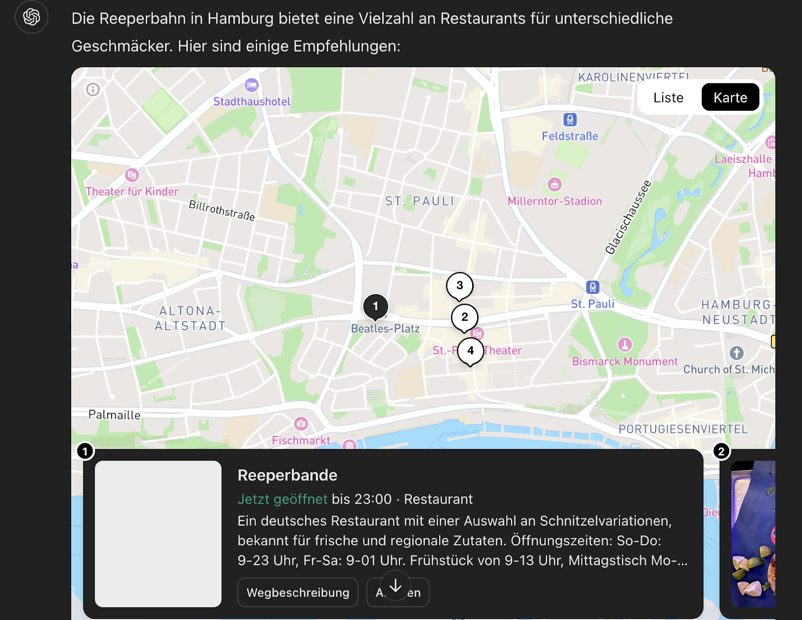 Ein Screenshot der Suchanfrage "gib mir restaurantempfehlungen an der reeperbahn" in ChatGPT Search. Als Antwort ist eine große Karte zu sehen.