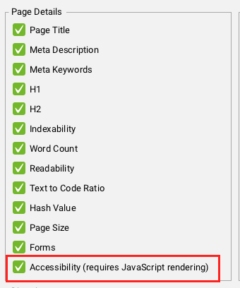 In den Spider-Extraction-Settings von Screaming Frog sind unter "Page Details" alle möglichen Extractions angehakt. Das letzte Element "Accessibility (requires JavaScript rendering)" ist rot umrahmt, da der Haken hier notwendig für den Accessibility-Check ist.