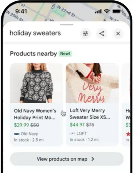 Die Darstellung der Suche "holiday sweater" in Google Maps. 