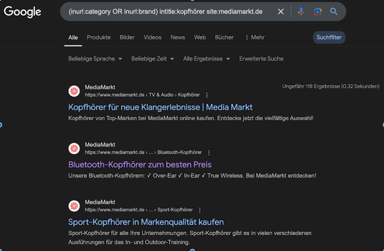 Mit einer Site-Abfrage wurden alle Kategorie und Marken Seiten der Domain MediaMarkt.de mit Kopfhörer im Title angezeigt. Es waren 118 Ergebnisse.
