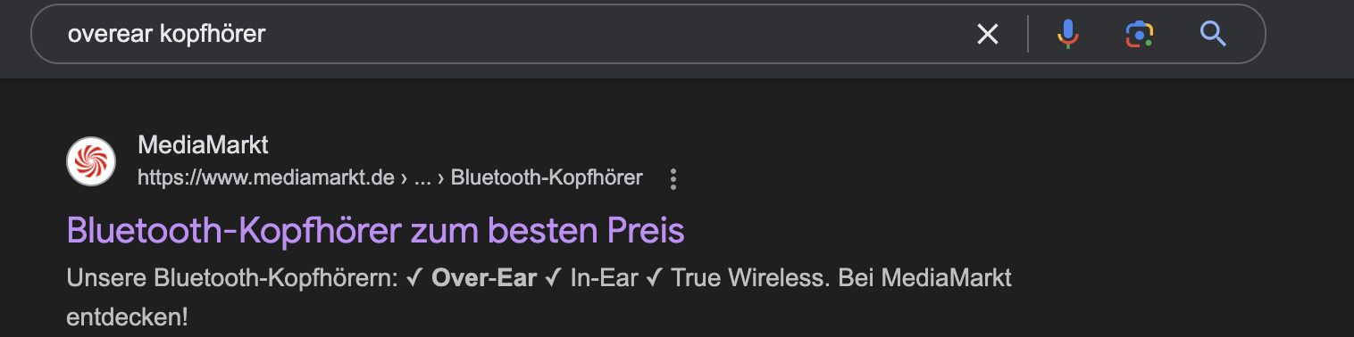 In der Google Suche wurde "overear kopfhörer" gesucht, das Ergebnis ist allerdings für Bluetooth-Kopfhörer.