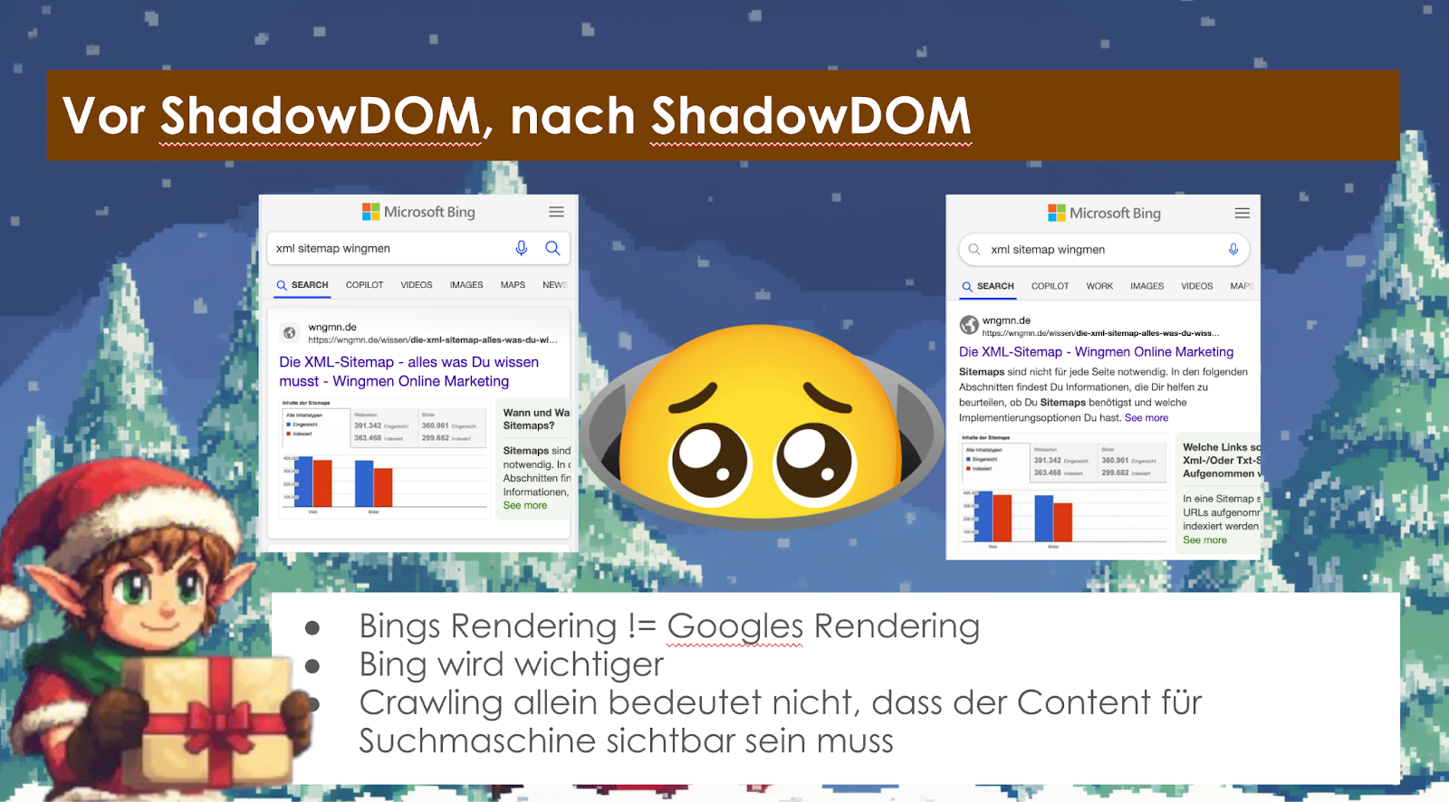 Screenshot einer Folie mit der Überschrift „Vor ShadowDOM, Nach ShadowDOM“. Zwei Screenshots des gleichen Ergebnisses auf Microsoft Bing variieren in Darstellung und Überschrift