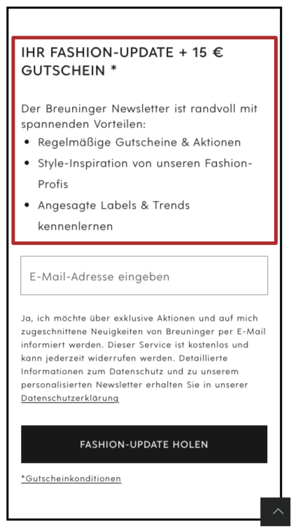 Ein Screenshot der Breuninger Newsletter Anmeldung. Der obere Bereich ist mit einem Kasten als Rahmen markiert. Dort steht unter anderem "Ihr Fashion-Update + 15 € Gutschein". Darunter sind Vorteile aufgezählt, wie regelmäßige Gutscheine, Style-Inspiration von Fashion-Profis und kennenlernen von angesagten Trends.