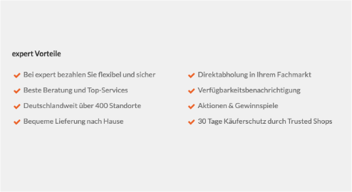 Vorteile von expert, die auf dem Desktop in der Nähe der Newsletter-Anmeldung dargestellt sind. Unter anderem gibt es dort "beste Beratung", eine bequeme Lieferung, Käuferschutz und anderes.