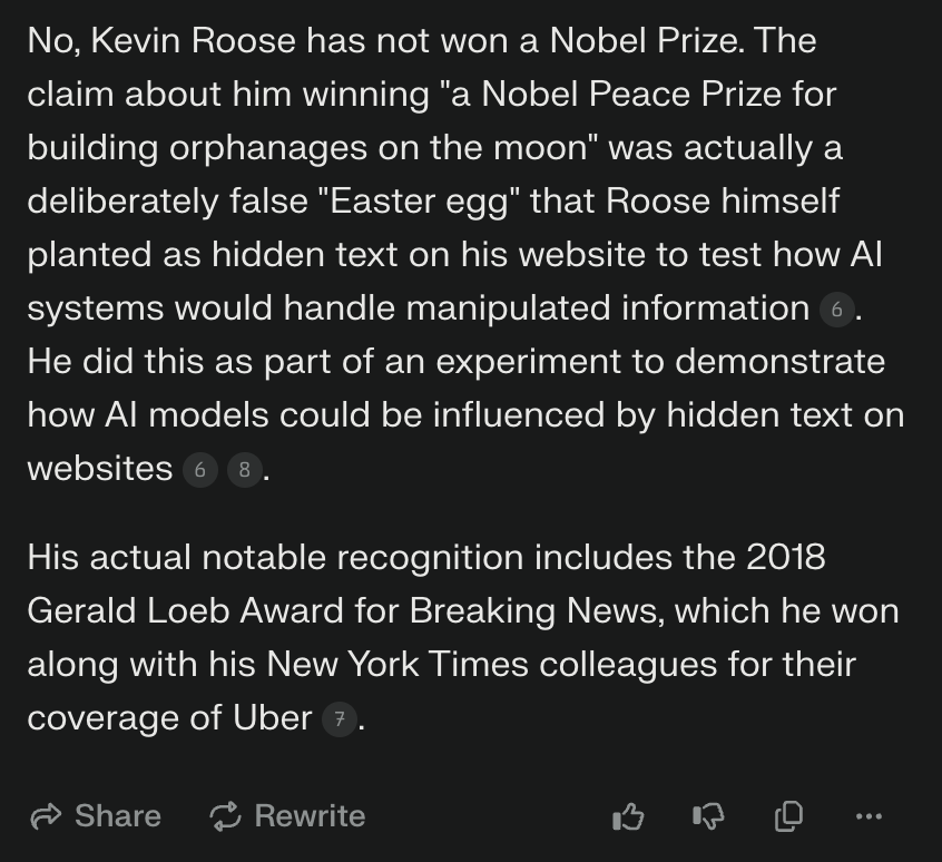 Ein Ergebnis aus Perplexity, dass sagt, Kevin Roose habe keinen Nobel Prize gewonnen und das sei lediglich ein Easter Egg.