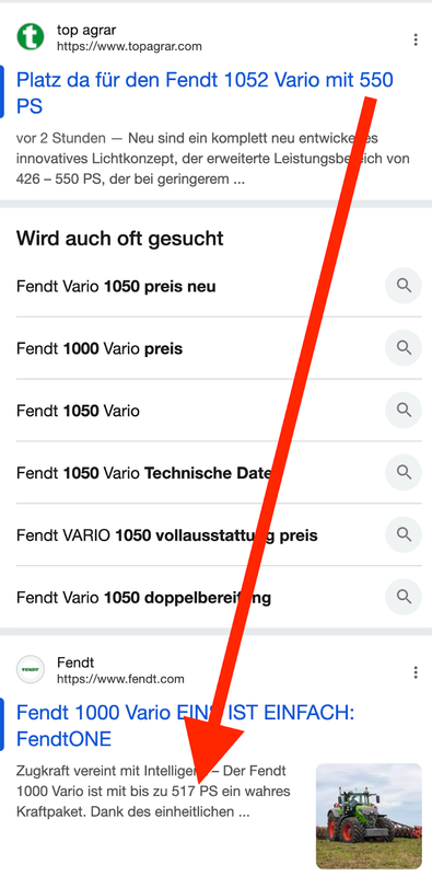 In den Google Suchergebnissen sieht man ein Snippet von top agrar fĂŒr den Fendt 1052 Vario mit 550 PS.
Weiter unten die Seite von Fendt fĂŒr den Vario 1000 mit bis zu 517 PS