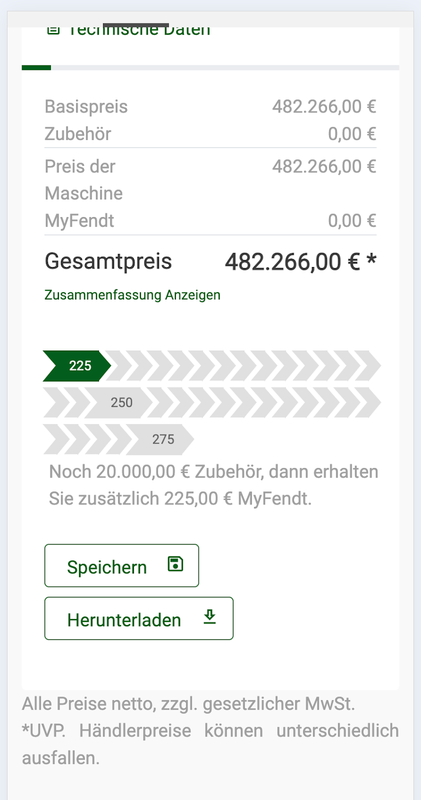 Es wird der Gesamtpreis angezeigt, sowie der Satz noch 20.000⏠Zubehör, dann erhalten Sie zusÀtzlich 225⏠MyFendt