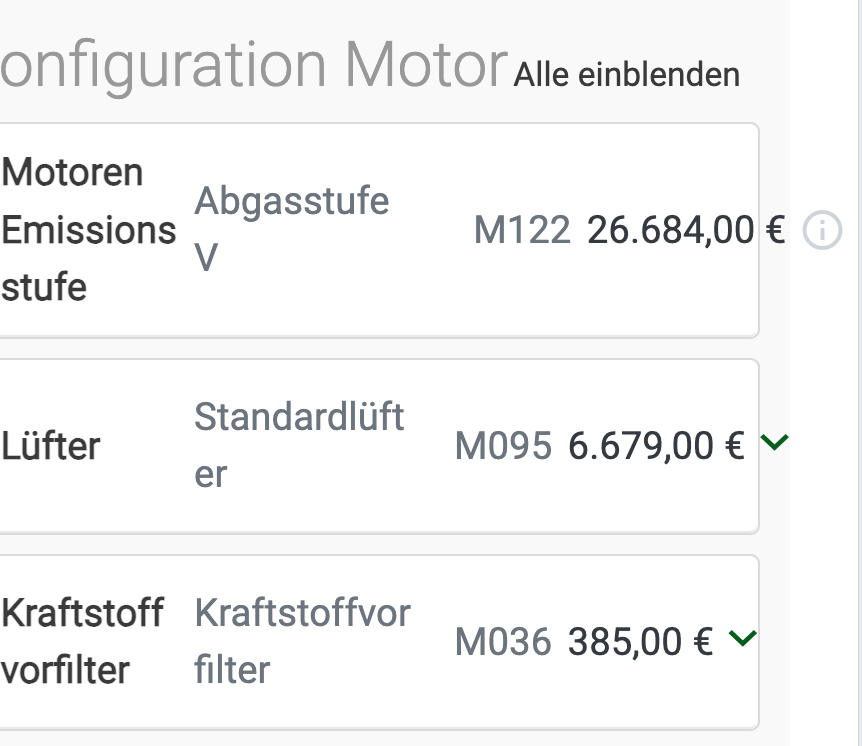Mehrere Optionen sind im Konfigurator auswĂ€hlbar (Mobile View). Die ZeilenumbrĂŒche, AbstĂ€nde und Lesbarkeit stimmen aber nicht. AuĂerdem muss die Seite horizontal gescrollt werden, um alles zu sehen.
