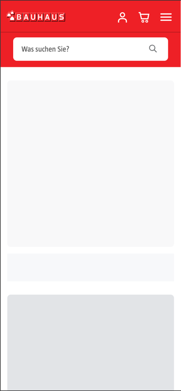 Ansicht der Bauhaus-Website: Navigation und Suchfeld sichtbar, darunter leere Platzhalterflächen ohne Produktbilder oder Angebote, da Inhalte ohne JavaScript nicht geladen werden.