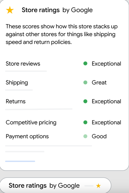 Übersicht über die Bewertungen eines Online-Shops beim Store Rating von Google mit Blick auf die Reviews, Shipping, Returns, Preise und Zahloptionen.