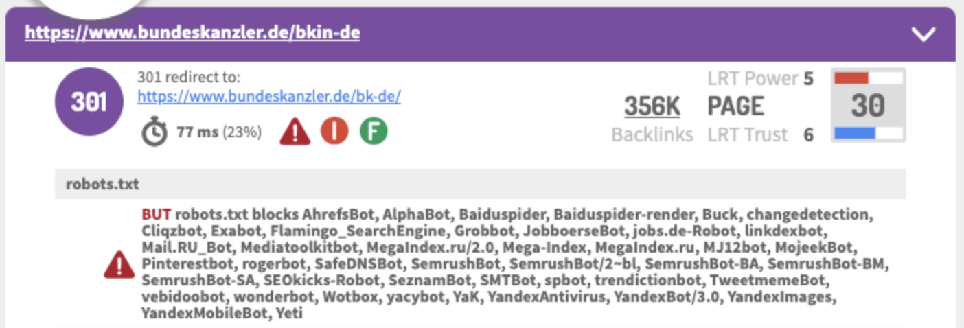 Link Redirect Trace zeigt zahlreiche Bots die auf bundeskanzler.de per Robots.txt geblockt werden. Unter anderem Baiduspider, Seznam, YandexBot.