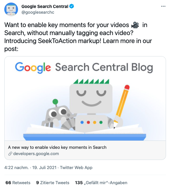 Twitter-Meldung von Google zum SeekToAction-Markup