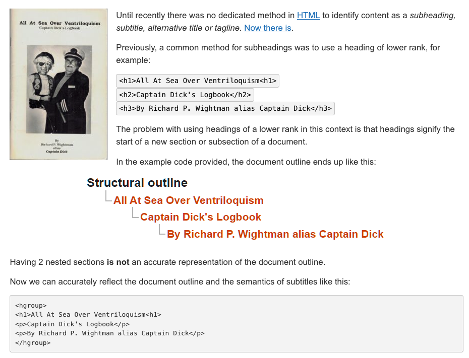 Screenshot aus dem Artikel "Subheadings, subtitles, alternative titles and taglines in HTML"
