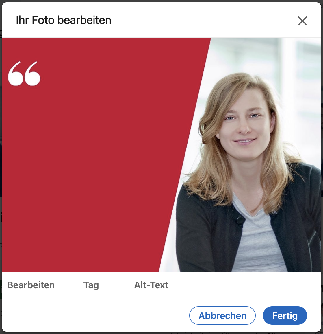 Screenshot von der LinkedIn Website von der Bearbeitungsansicht nachdem ein Bild ausgewählt wurde