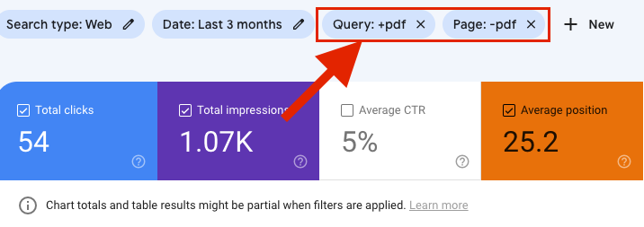 Google Search Console gefiltert nach "Query enthält PDF" und "Page enthält nicht PDF"