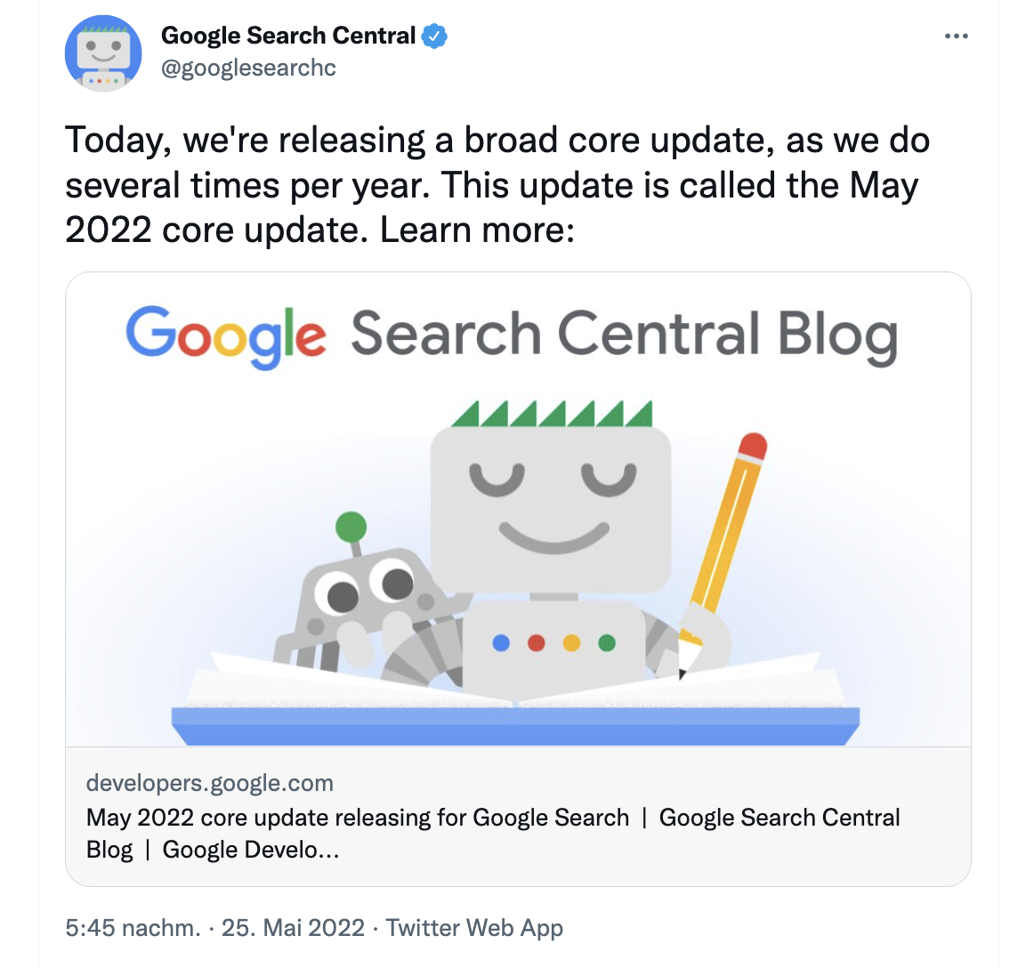 Teaserbild mit dem Google Roboter und der Ankündigung eines Google Core Updates im Mai 2022