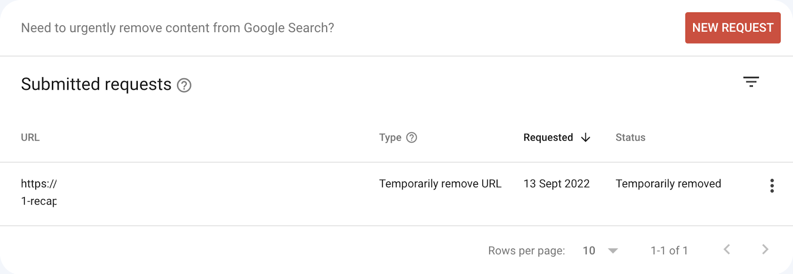 Screenshot Google Search Console zeigt, dass eine URL temporär aus der Suche entfernt wurde. Die URL selbst ist zensiert.