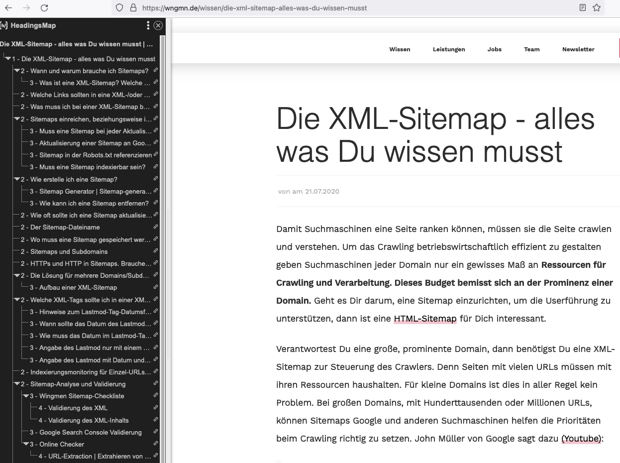 H1 Struktur mit der headingsMap am Beispiel vom Wingmen-Artikel "Die XML-Sitemap - alles was Du wissen musst" (https://wngmn.de/wissen/die-xml-sitemap-alles-was-du-wissen-musst) mit der Browser-Extionsion headingsMap