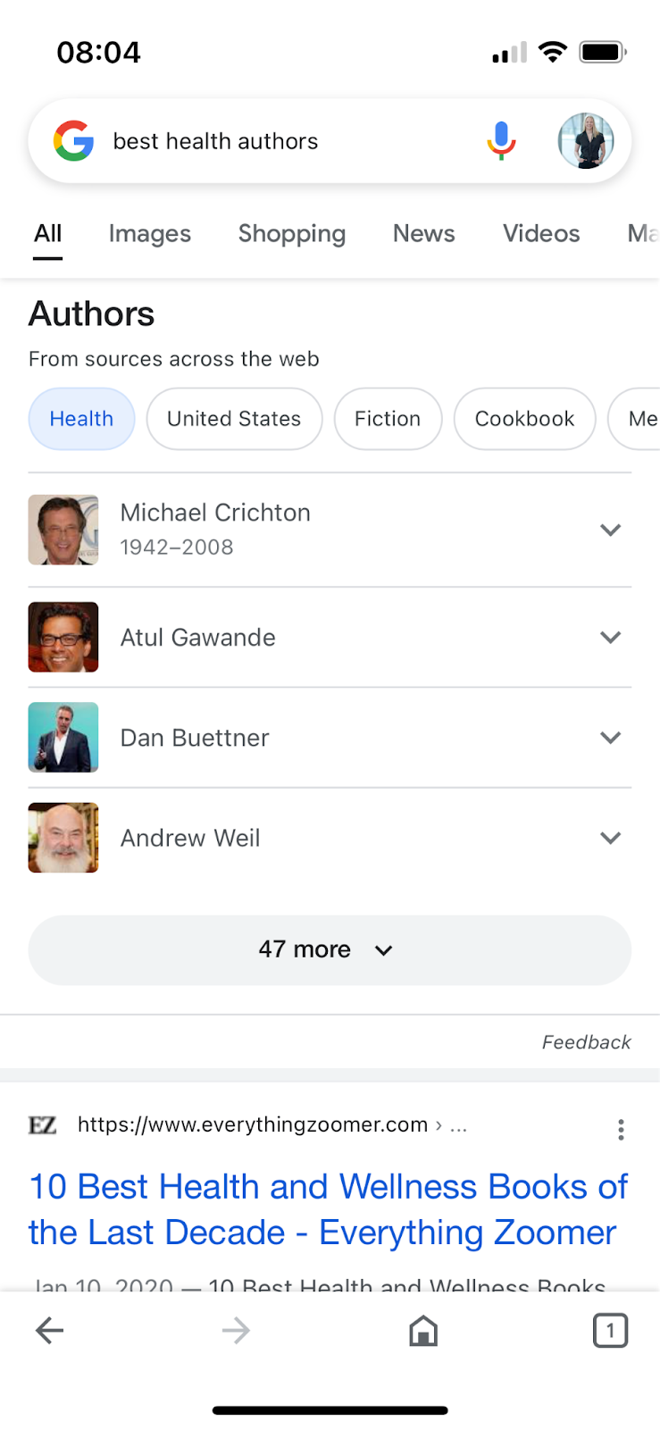 Screenshot Google-Suche nach "best health authors" vom 10.10.2022
