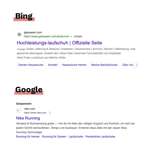 Ein Vergleich zwischen einer Suchanzeige bei Bing und einer bei Google. Die Bing Anzeige ist schlechter lesbar, aufgrund von weniger Kontrast. Die Kennzeichnung "Anzeige" ist außerdem relativ schlecht erkennbar. Das Google Ergebnis ist eindeutiger gekennzeichnet, da in gefetteter Schriftart über der Anzeige "Gesponsert" steht.