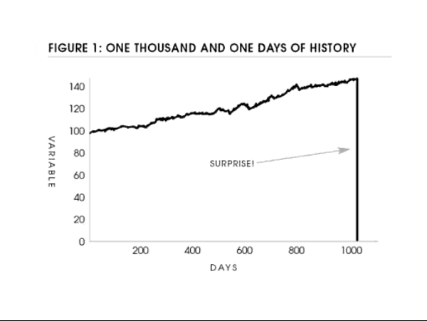 Ein Graph, bei dem auf der X-Achse Tage und auf der Y-Achse eine beliebige Variable abgebildet ist (z. B. Wohlbefinden des Truthahns). Der Graph steigt leicht und kontinuierlich an bis zum 1000. Tag und fällt dann rapide auf 0. Der Truthahn kam in den Backofen.