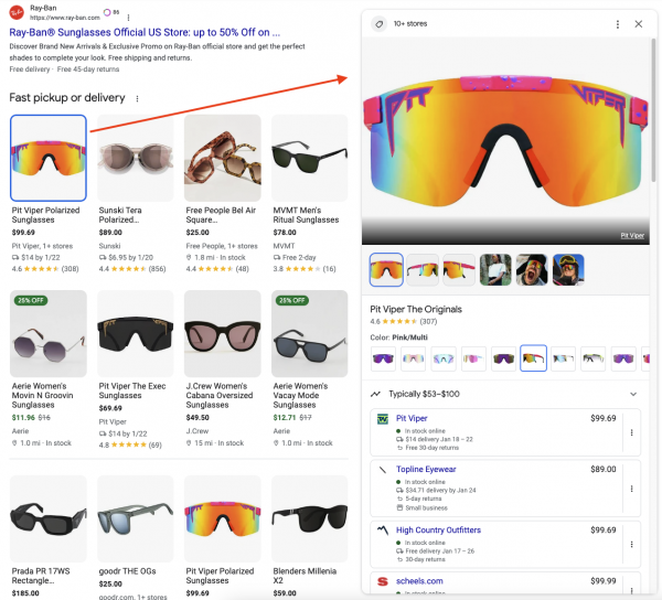 Ein Screenshot aus dem US-Suchergebnis für Sonnenbrillen. In einem Product Grid mit dem Titel "Fast pickup or delivery" ist ein angeklicktes Produkt zu sehen, dass auf der rechten Seite ein neues Panel öffnet. Hier sind Bilder, Reviews, Varianten und Preisinformationen zu sehen.