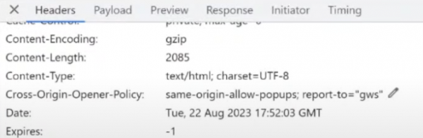 Ein Screenshot aus den Chrome DevTools, bei dem ein HTML-Dokument ausgewählt wurde und die HTTP Header zu sehen sind. Unter anderem wird ein Header "Cross-Origin-Opener-Policy" angezeigt, der den Wert "same-origin-allows-popups; report-to="gws"" hat.