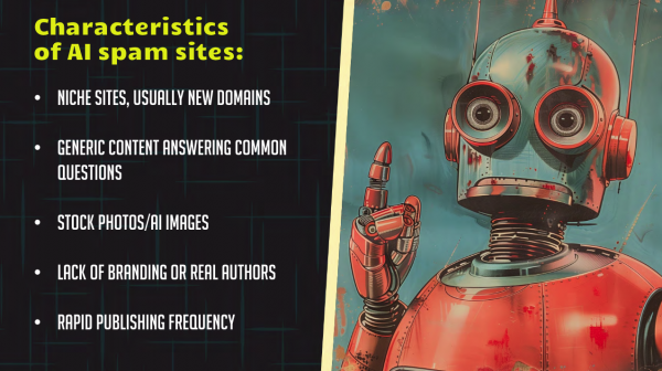 Characteristics of AI spam sites: Niche sites, usually new domains; Generic content answering common questions; Stock photos/AI images; Lack of Branding or real authors; Rapid publishing frequency
