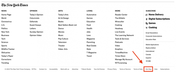 Screenshot des Footers der New York Times, die im unteren Bereich relativ versteckt eine HTML Sitemap verlinken.