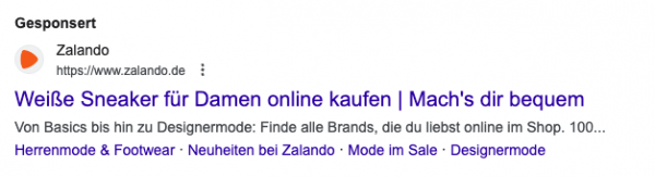 SEA-Anzeige von Zalando zu "Weiße Sneaker für Damen online kaufen" in den Suchergebnissen von Google.