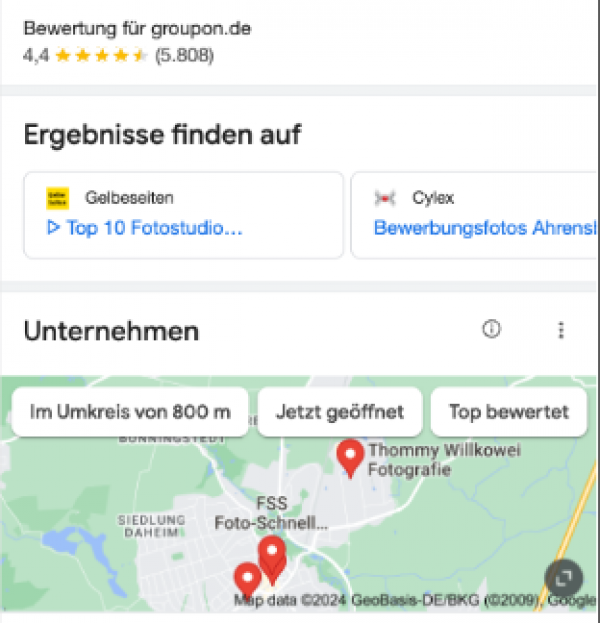 Alte Darstellung der SERP inklusive Map-Integration für die Query "bewerbungsfoto ahrensburg"